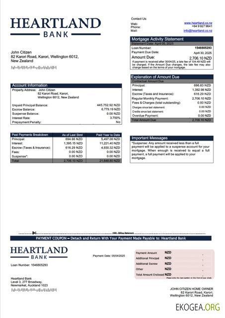 Modèle Word et PDF de relevé hypothécaire de la Heartland Bank de Nouvelle , Zélande